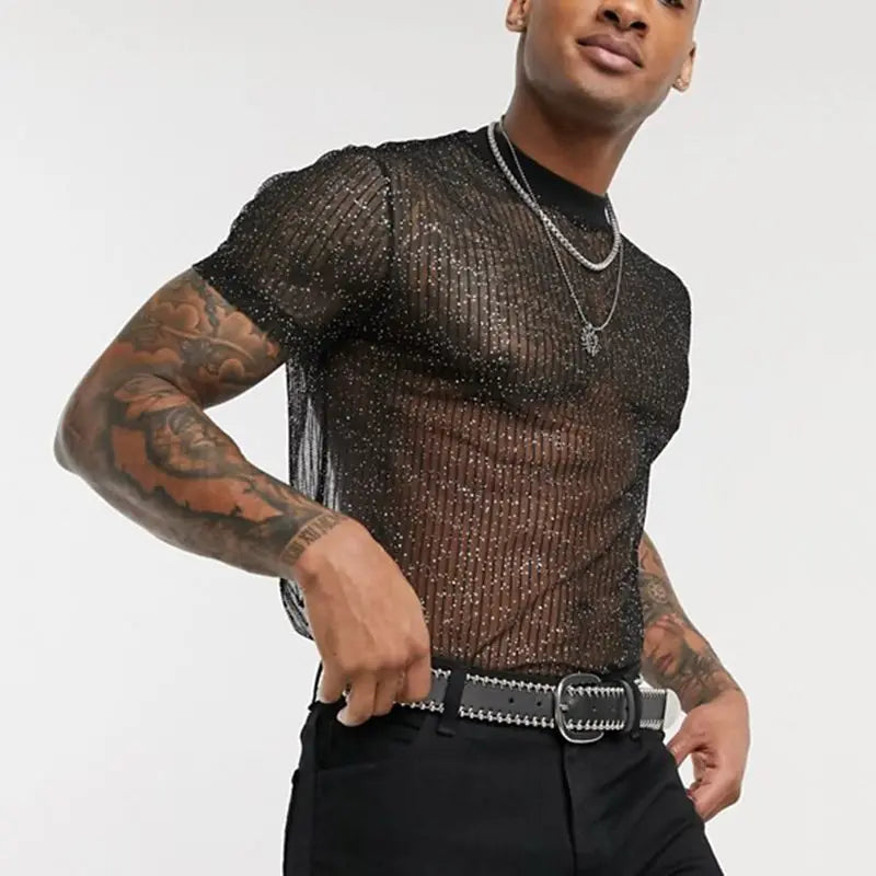 Sexy Männer Durchsichtig Kurzarm Top Pailletten Transparent Mesh Shirts Gay Exotic Tops 2024 Nacht Party Y2k Chemise Bühnenkostüm