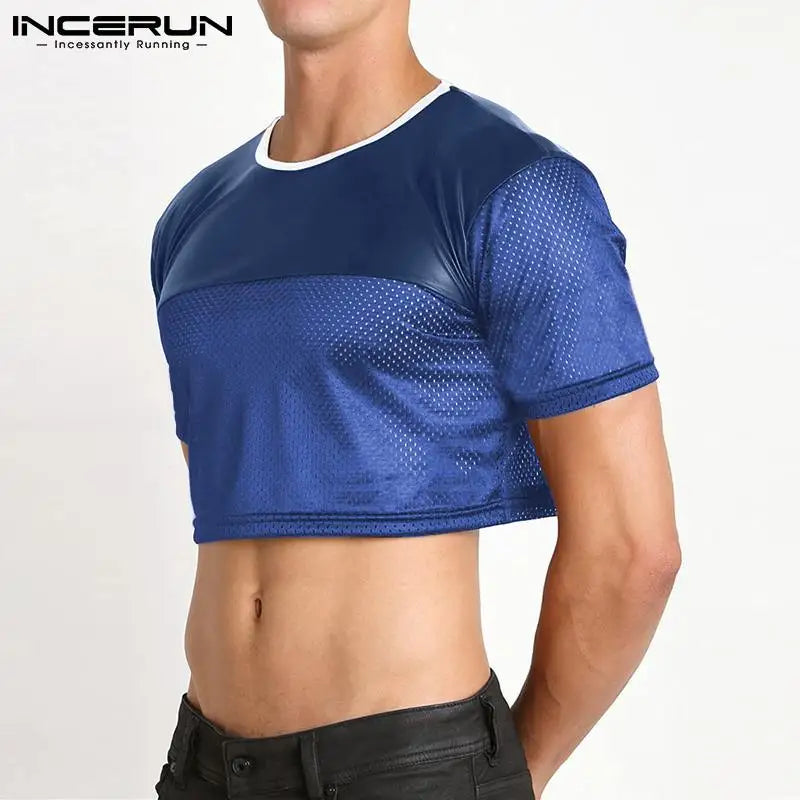 INCERUN Fashionable Casual Style New Men's Breathable Mesh Camiseta Short Sleeve Crop Tops 2023 Patchwork Cropped T-Shirts S-5XL