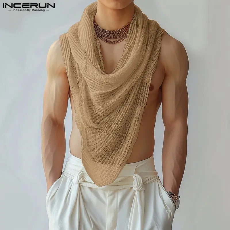 INCERUN Tops 2024 American Style Mens Swing Neck Pointed Hem Design Vests Summer Casual Solid Texture Sleeveless Tank Tops S-5XL