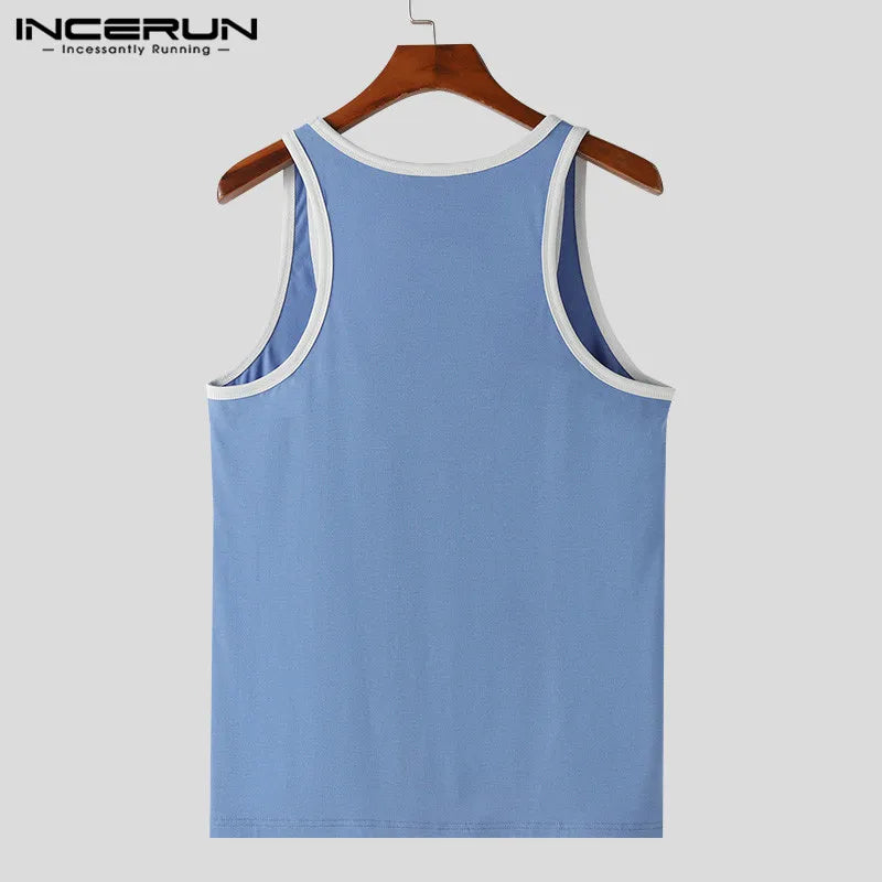 INCERUN Tops 2024 Amerikanischen Stil Neue Herren Kontrast Farbe Patchwork Große Tank Tops Lässig Bequeme Männliche U-ausschnitt Westen S-5XL