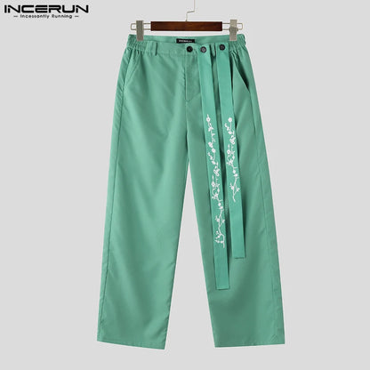 INCERUN 2024 Korean Style Trousers Men Stylish Embroidered Floral Ribbon Long Pants Streetwear Male Straight Leg Pantalons S-5XL