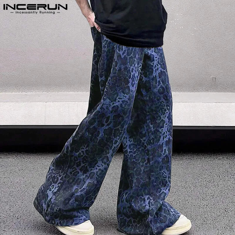 INCERUN 2024 Korean Style Trousers Stylish Men Leopard Printed Pattern Pant Casual Well Fitting Male Personality Pantalons S-5XL