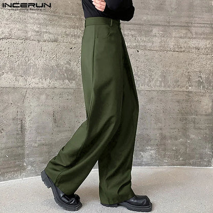 INCERUN 2024 Koreanische Stil Neue Männer Hosen Plissee Doppel Bund Design Hosen Casual Streetwear Männlichen Breite Bein Pantalons S-5XL