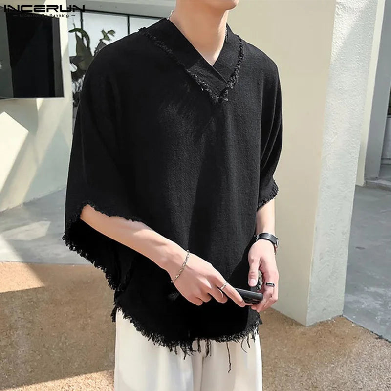 Stylish Casual Style Tops INCERUN 2024 New Mens Textured Tassel V-neck Design T-shirts Summer Male Medium Sleeved Camiseta S-5XL