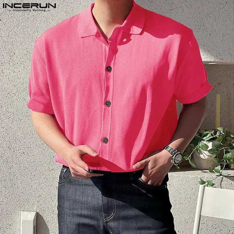 INCERUN Tops 2024 Korean Style Handsome New Men's Solid Knitted Shirts Casual Well Fitting Male Lapel Short Sleeved Blouse S-5XL