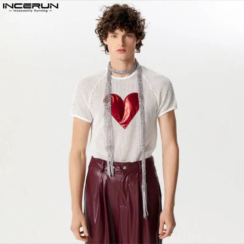 INCERUN Tops 2024 American Style Fashion New Men Hollow Heart Pattern Splicing Camiseta Personality Short Sleeved T-shirts S-5XL