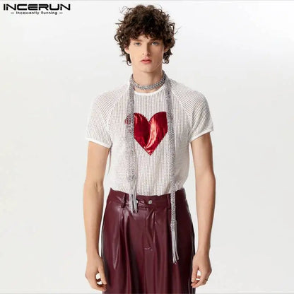 INCERUN Tops 2024 American Style Fashion New Men Hollow Heart Pattern Splicing Camiseta Personality Short Sleeved T-shirts S-5XL