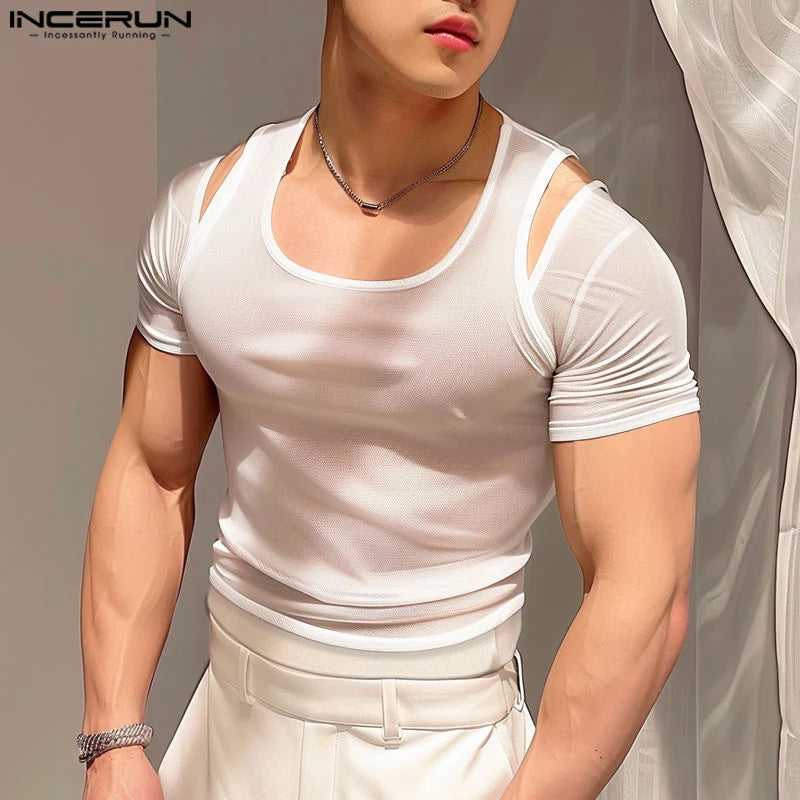 INCERUN Tops 2024 Korean Style Fashion Men's Sexy U-shaped Neck T-shirt Casual Male Shoulder Hollow Short Sleeved Camiseta S-5XL