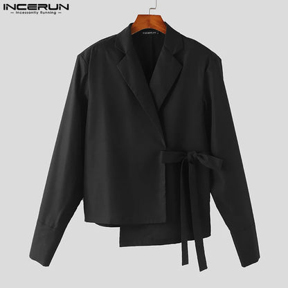 INCERUN Tops 2024 Korean Style New Mens Fashion Lace Up Design Cardigan Shirts Casual Simple All-match Long Sleeved Blouse S-5XL