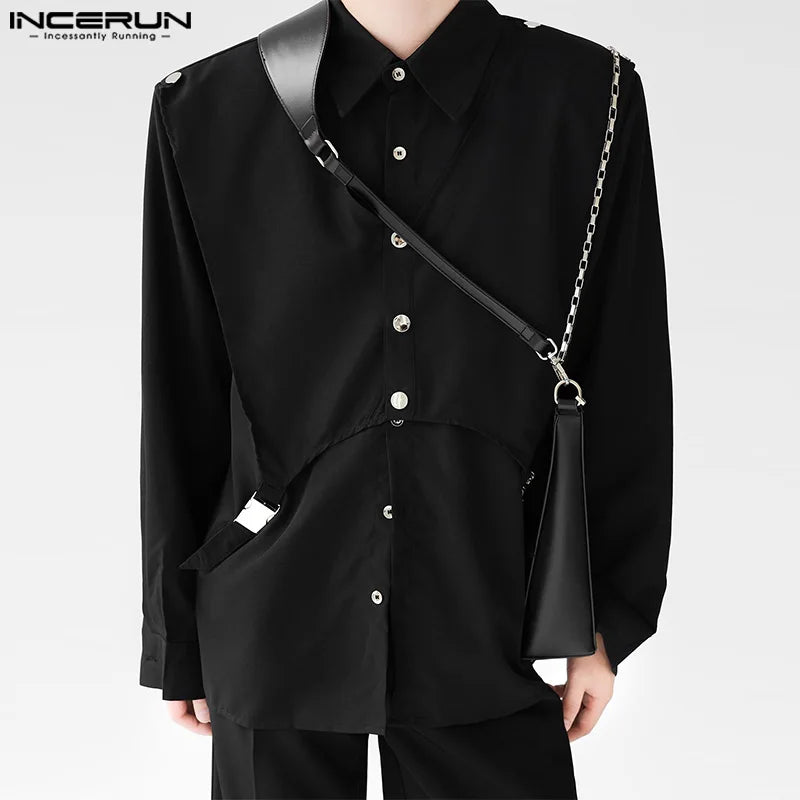 INCERUN Tops 2024 Korean Style Men Double-layer Structural Metal Design Shirts Leisure Patchwork Solid Long Sleeved Blouse S-5XL