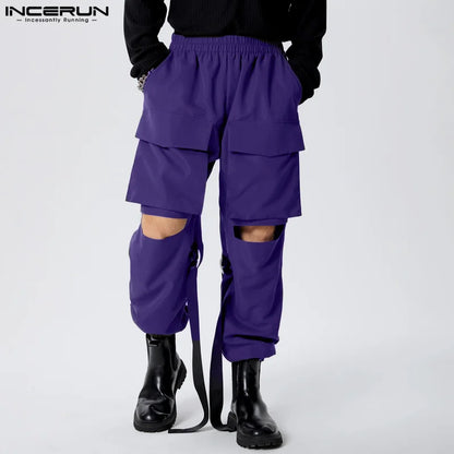 INCERUN 2024 Pantalons de style américain Pantalons cargo solides à poches plaquées pour hommes élégants Pantalons creux à épissure de ruban de loisirs S-5XL