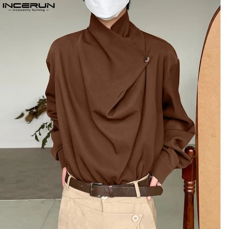 INCERUN Tops 2023 Korean Style Fashion Men's Swinging Neck Irregular Neckline Shirts Casual Solid Loose Long Sleeve Blouse S-5XL