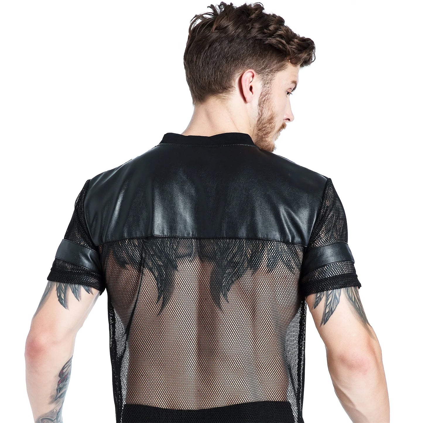 CLEVER-MENMODE Sexy Herren Netz-T-Shirt PU Kunstleder Mesh Shirts Durchsichtige Tops T-Shirt Transparent Kurzarm Bühnen-Clubwear