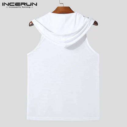 INCERUN Men Tank Tops Mesh Transparent Hooded Sleeveless V Neck Male Vests Streetwear Solid Color Sexy 2024 Fashion Men Clothing