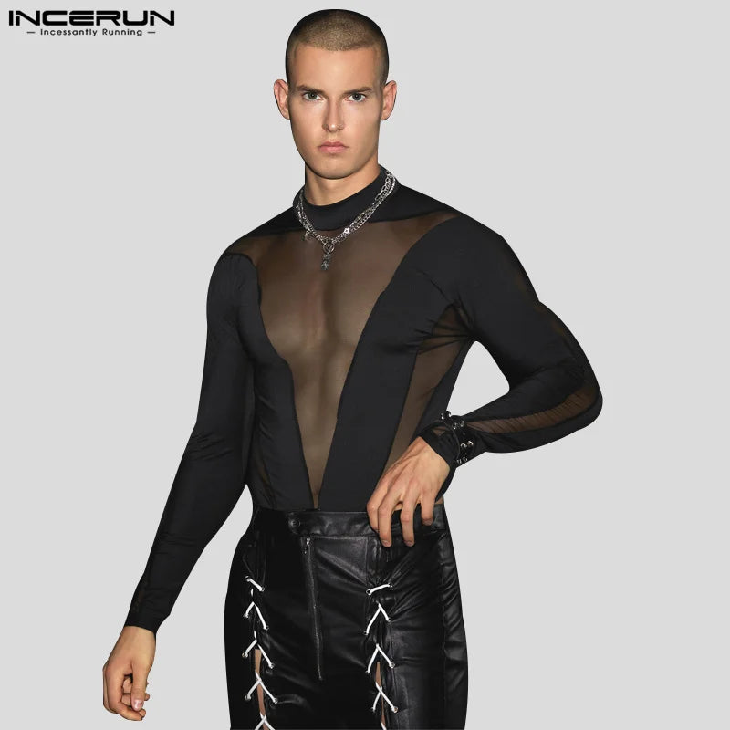 2023 Men Bodysuits Mesh Patchwork Transparent Turtleneck Long Sleeve Rompers Male T Shirt Streetwear Fashion Bodysuit INCERUN