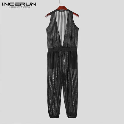 2024 männer Overalls Mesh Transparent Gestreiften Tiefem V-ausschnitt Ärmellose Streetwear Männlichen Strampler Kordelzug Mode Overalls INCERUN