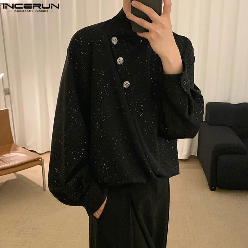 Fashion Well Fitting Tops INCERUN 2024 Mens Sparkling Pile Collar Slanted Placket Design Shirts Casual Long Sleeved Blouse S-5XL