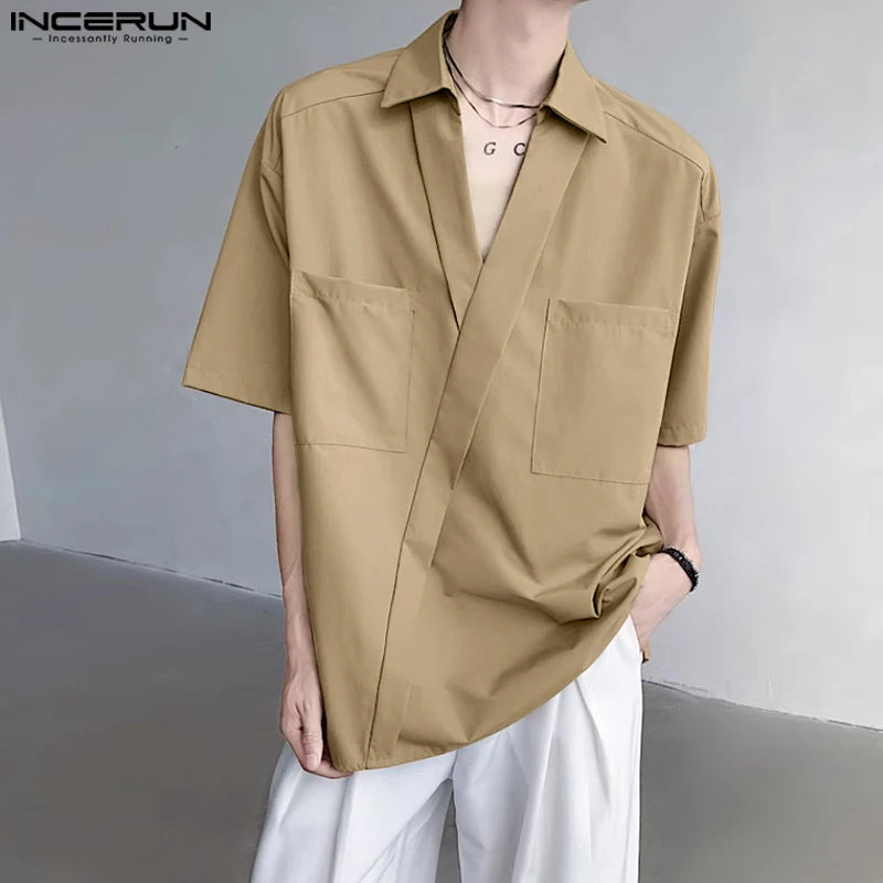 Stylish Well Fitting Tops INCERUN New Men's V-neck Pocket Design Solid Simple Blouse Casual Male Loose Short Sleeved Shirt S-5XL