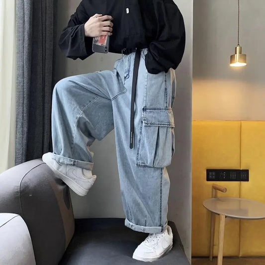 HOUZHOU Baggy-Jeans-Hose für Herren, Jeanshose, schwarze Hose mit weitem Bein, Jeans für Herren, lockere Freizeithose, koreanische Streetwear, Hip Hop, Harajuku