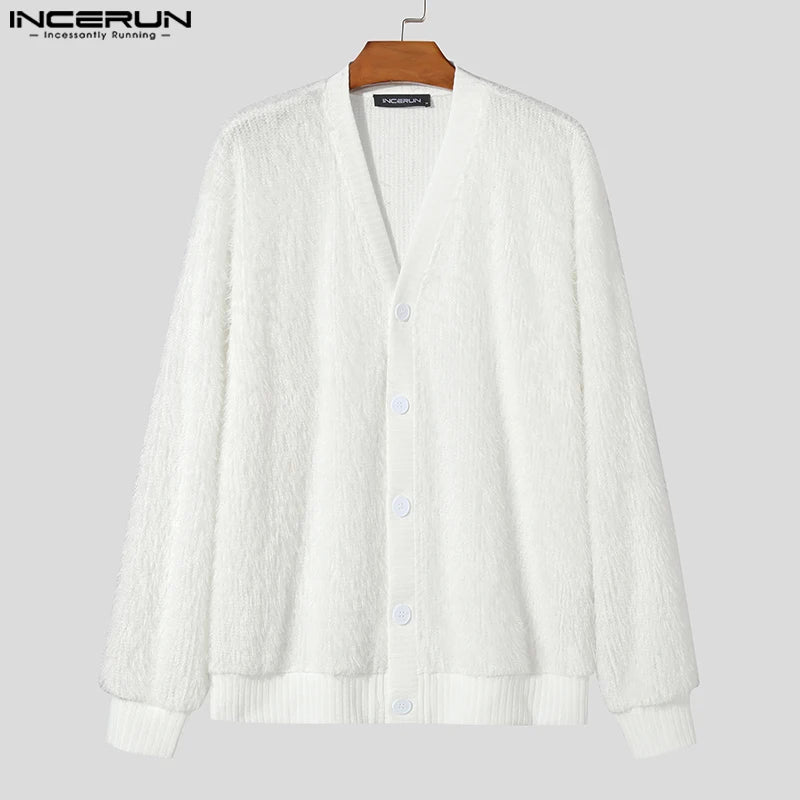 INCERUN Men Sweaters Solid Color Plush V Neck Long Sleeve Casual Cardigan Men Streetwear 2023 Fashion Leisure Knitted Outerwear