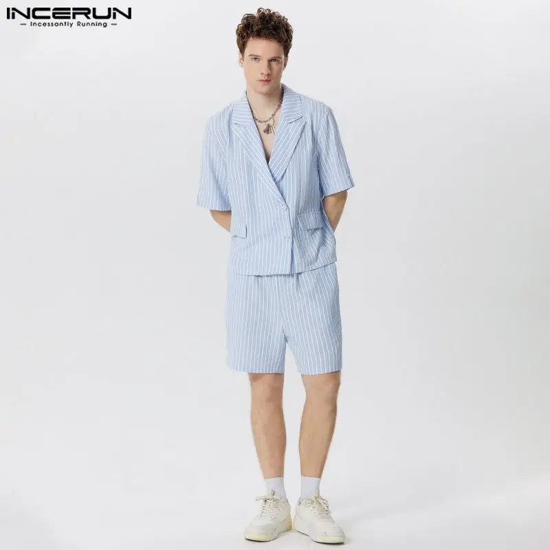 INCERUN 2024 American Style Sets Stylish Handsome Men Bubble Striped Cropped Suit Shorts Casual Simple Male Two-piece Sets S-5XL