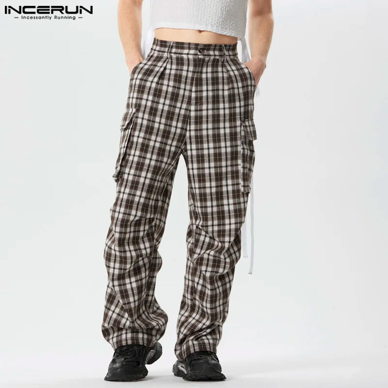 INCERUN 2024 Hose im amerikanischen Stil für Herren, kariertes Taschendesign, Cargo-Lange Hose, lässig, gut sitzend, heißer Verkauf, Pantalons S-5XL