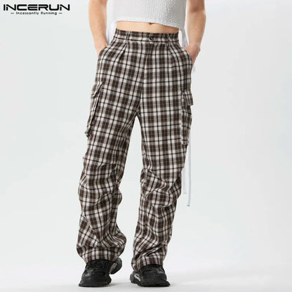 INCERUN 2024 Pantalon de style américain pour hommes, design de poche à carreaux, pantalon cargo long décontracté bien ajusté, vente chaude Pantalons S-5XL