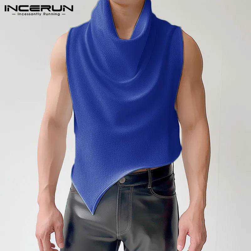 2024 männer Unregelmäßigen Tank Tops Solide Rollkragen Ärmelloses Beiläufige Männliche Westen Sommer Streetwear Fashion Crop Tops INCERUN