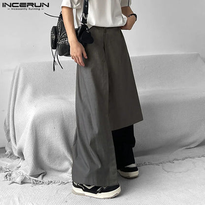 INCERUN 2024 Korean Style Men's Skirts Pants Fashion Personality Irregular Long Pants Streetwear Loose Half Body Trousers S-5XL