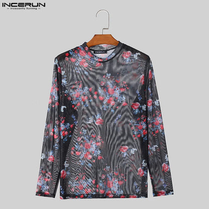 Fashion Well Fitting Tops INCERUN New Men O-neck Printing Slightly Transparent Camiseta Stylish Long Sleeved T-shirts S-5XL 2024