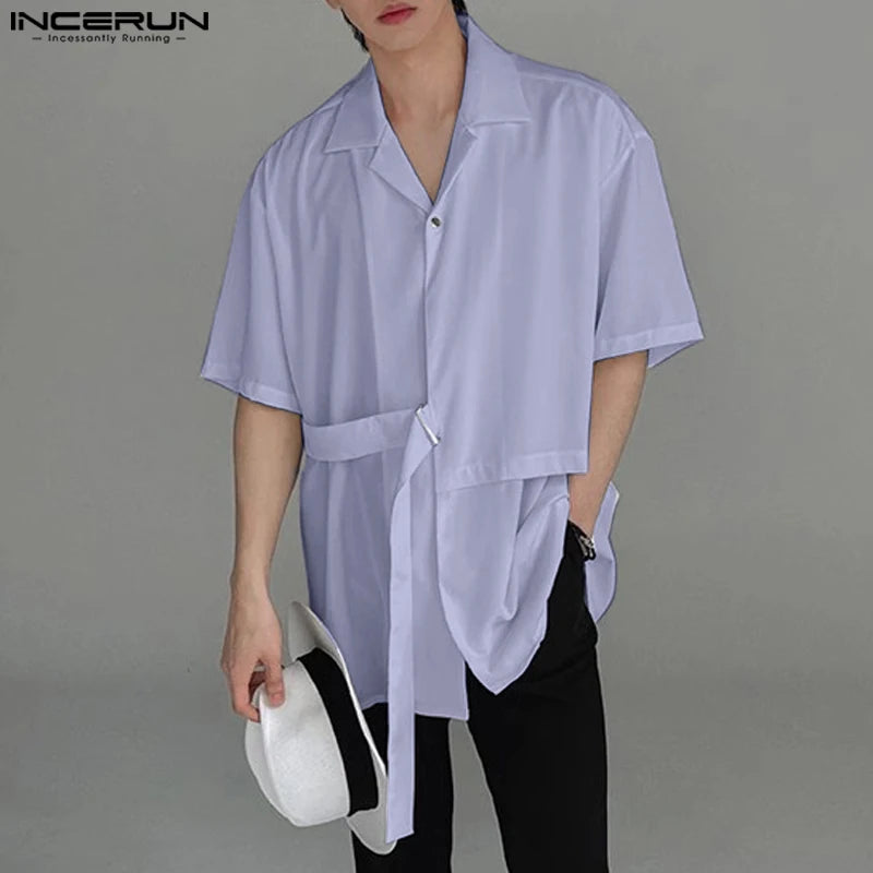 Handsome Well Fitting Tops INCERUN Men's Ribbon Design Lapel Shirts Casual Streetwear Male Solid Short Sleeved Blouse S-5XL 2024