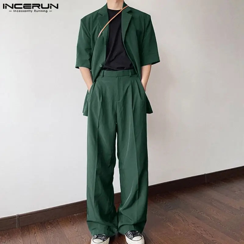 INCERUN 2024 Korean Style New Men Sets Short Sleeved Suit Jacket Long Pants Fashion Simple Male Suit Collar Two-piece Sets S-5XL