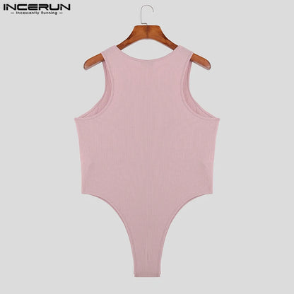 INCERUN 2023 Sexy Fashionable Men's Bodysuits Tight O-Neck Solid Rompers Casual Male Striped Hollow Comfortable Bodysuits S-5XL