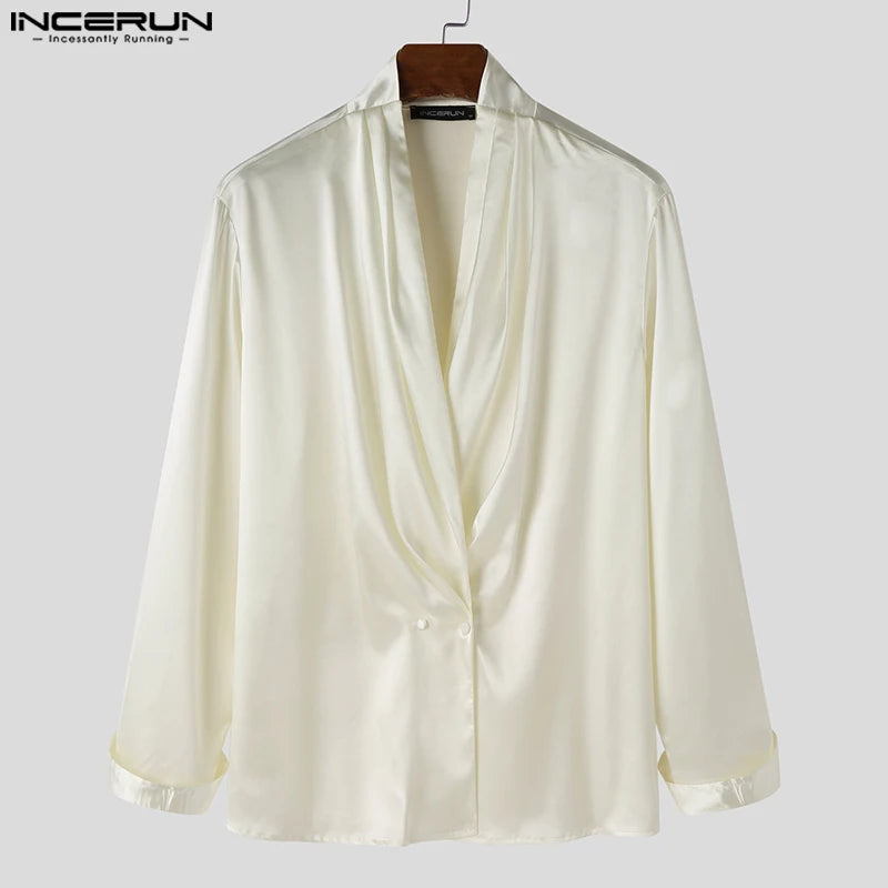 INCERUN Tops 2023 American Style Fashion Men's Swing Collar Satin Blazer Casual Solid Comfortable Long Sleeved Suit Coats S-5XL