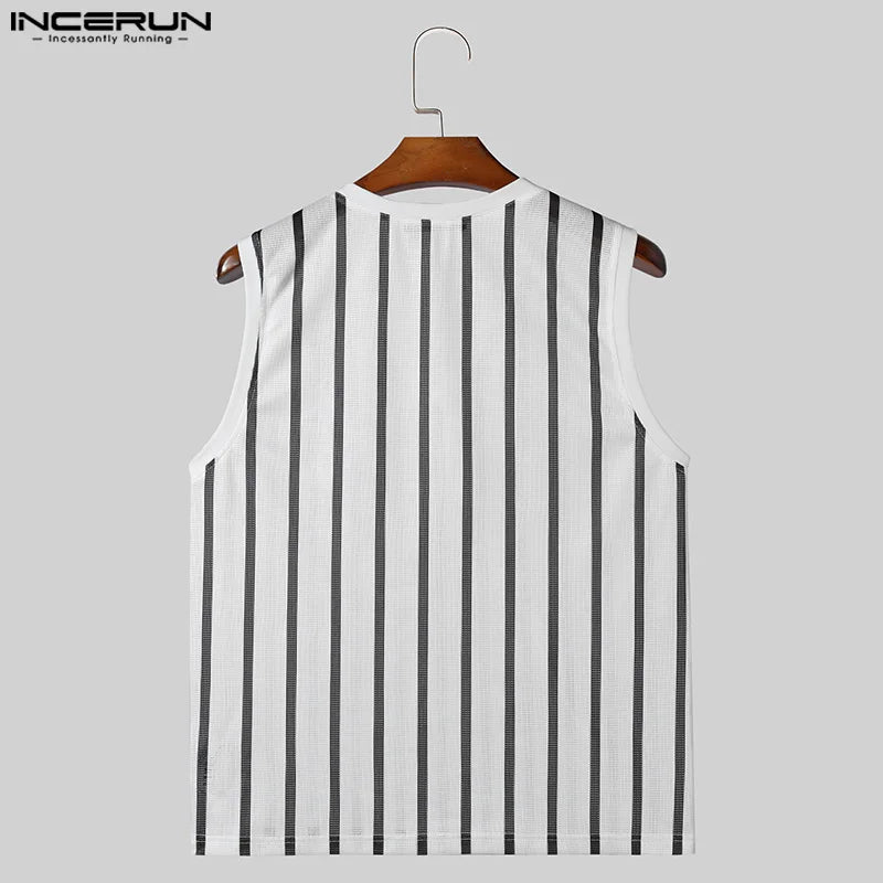 Fashion Casual Style Tops INCERUN New Mens V-neck Striped Perspective Vests Streetwear Male Sexy Sleeveless Tank Tops S-5XL 2024