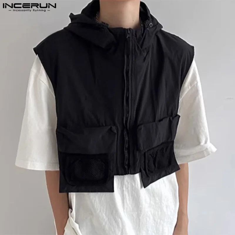 Stylish Casual Style Tops INCERUN Men Thin Cropped Zippered Hooded Design Vests Male Streetwear Solid Sleeveless Waistcoat S-5XL