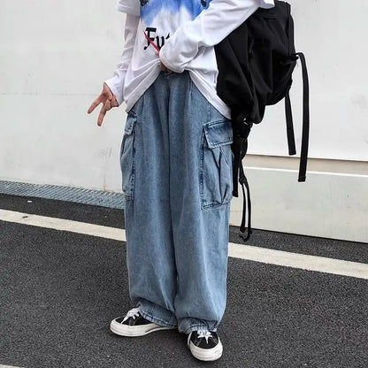 HOUZHOU Baggy Jeans Trousers Male Denim Pants Black Wide Leg Pants Men's Jeans Loose Casual Korean Streetwear Hip Hop Harajuku