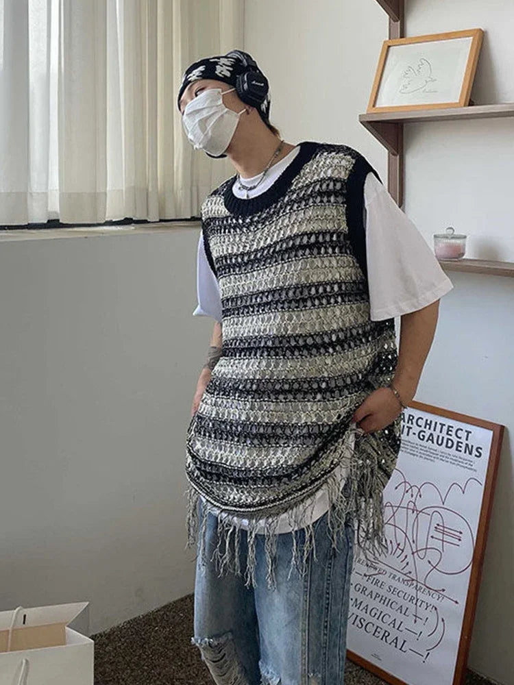 HOUZHOU Striped Mesh Vest for Men Vintage Knit Tank Tops Sleeveless Tee Male Casual Summer Beach Japanese Streetwear Hip Hop