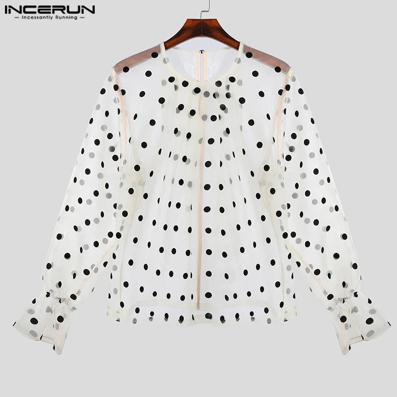 Mode Casual Style Tops INCERUN Neue Herren High Neck Polka Dot Perspektive Shirts Clubwear Dünne Puff Langarm Bluse S-5XL