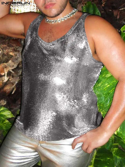 Modische, gut sitzende Oberteile INCERUN Sexy Herren-Unterhemden aus Laser-Flash-Stoff, lässige Clubwear, ärmellose Tanktops mit U-Ausschnitt für Männer, S-5XL 2024