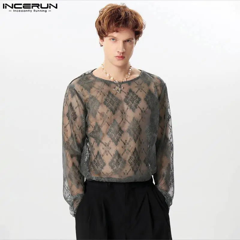 INCERUN Tops 2024 American Style Fashion Mens Diamond Lace Hollow Slightly Transparent T-shirts Sexy Long Sleeved Camiseta S-5XL