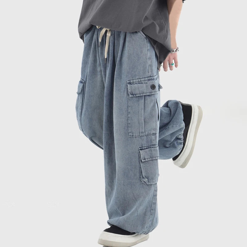 HOUZHOU Baggy Cargo Jeans Men Oversize Wide Leg Denim Trousers Male Cargo Pants Japanese Casual Loose Streetwear Hip Hop