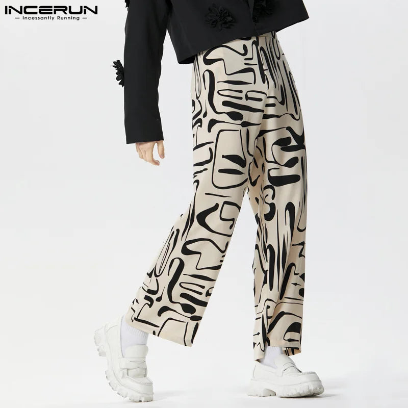 INCERUN 2024 Neue Herrenhose im amerikanischen Stil mit Druckmuster, Allgleiches, Pantalons, lässige Streetwear, breite Beinhose, lange Hose, S-5XL