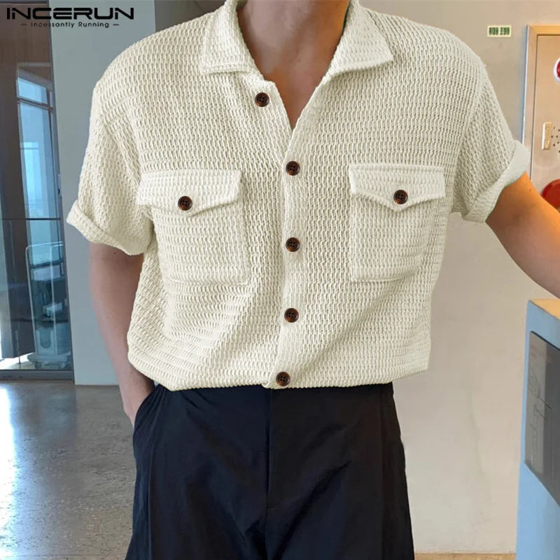 Stylish Streetwear Style Tops INCERUN Men's Mesh Hollow Double Pocket Design Shirts Casual Solid Short Sleeved Blouse S-5XL 2024