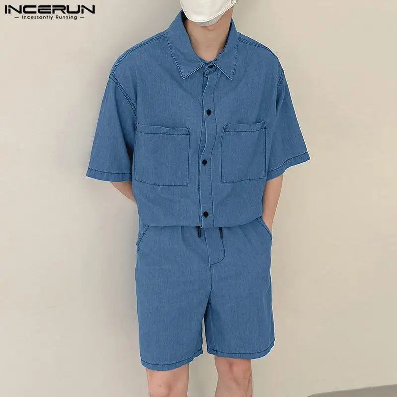 INCERUN 2024 Korean Style Sets Stylish Men's Short Sleeved Shirts Shorts Leisure Streetwear Male Solid Color Suit 2 Pieces S-5XL