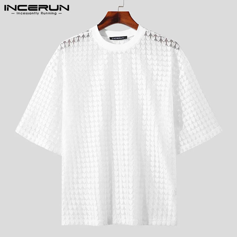 2023 Men T Shirt Mesh Transparent Solid O-neck Short Sleeve Men Clothing Loose Party Streetwear Fashion Tee Tops INCERUN S-5XL