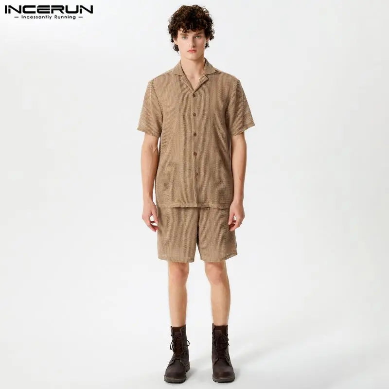 INCERUN 2024 American Style Sets Men's Casual Short Sleeved Shirts Shorts Stylish Male See-through Stripes Two-piece Sets S-5XL