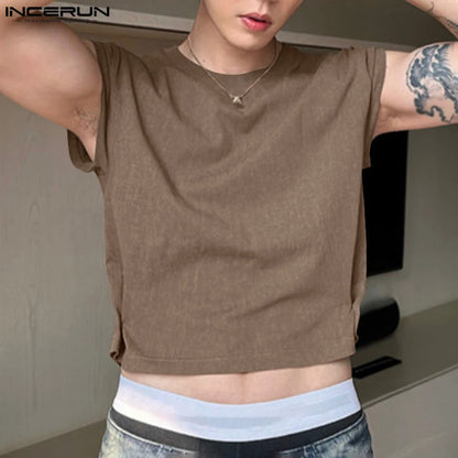 INCERUN Tops 2024 Koreanischen Stil Neue Herren Solide Casual Cropped Design Westen Einstellbare Schnalle Zwei Stück Ärmellose Tank Tops S-5XL