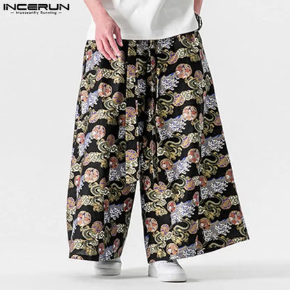 Fashion Well Fitting Men Pantalons INCERUN Dragon Printed Pattern Trousers Casual Personality Male Straight Leg Loose Pant S-5XL