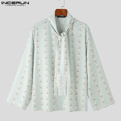 2023 Men Shirt Printing Tassel Lace Up Long Sleeve Casual Men Clothing Autumn Streetwear Fashion Elegant Camisas S-5XL INCERUN